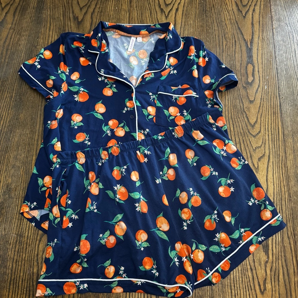 Navy Pajama Set with Orange Print